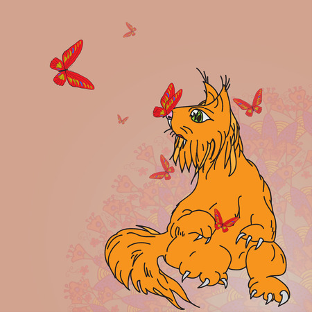 Fantasy predator doodling outline colored cat-squirrel with butterfly on background. Vector illustration.のイラスト素材