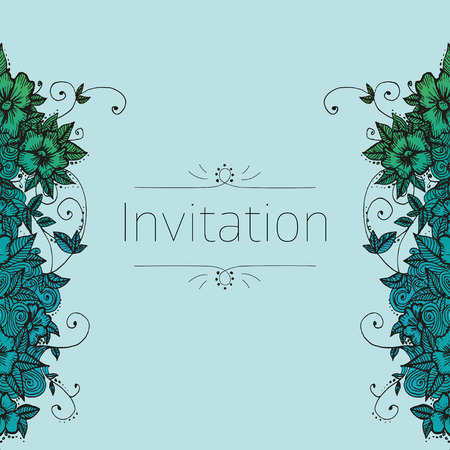 Invitation card with doodle flowers on blue background. Vector illustration.のイラスト素材