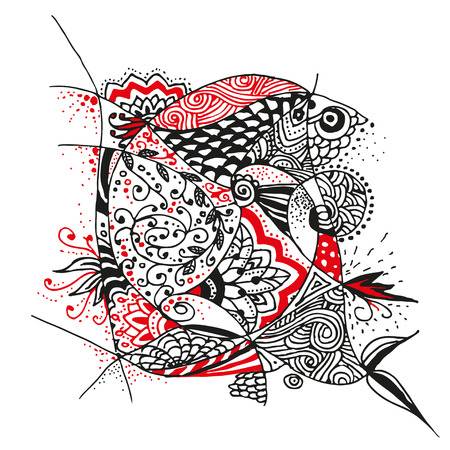 Zentangle flower doodle black and red pattern on white background. Vector illustrationのイラスト素材