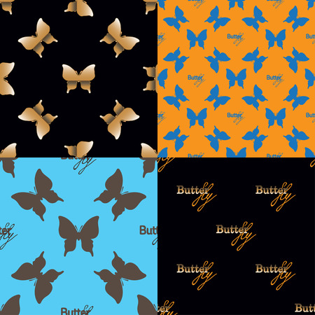 Four seamless pattern with butterflies and text butterfly on black background. Vector set decorative illustration for logo concept.のイラスト素材