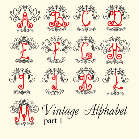 Vintage alphabet. set letters part 1, for Monograms and beautiful filigree font. Art Deco, Nouveau, Modern style.のイラスト素材