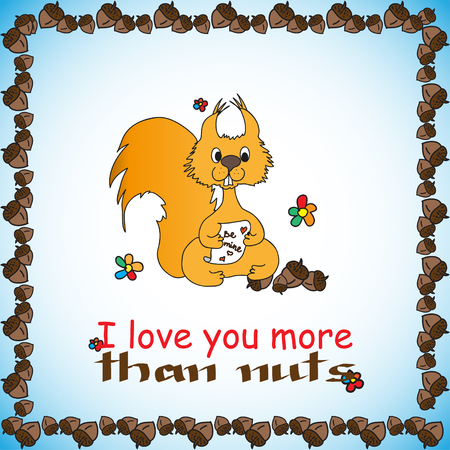 Design card with loved doodle squirrel and nuts and text for St. Valentine Dayのイラスト素材