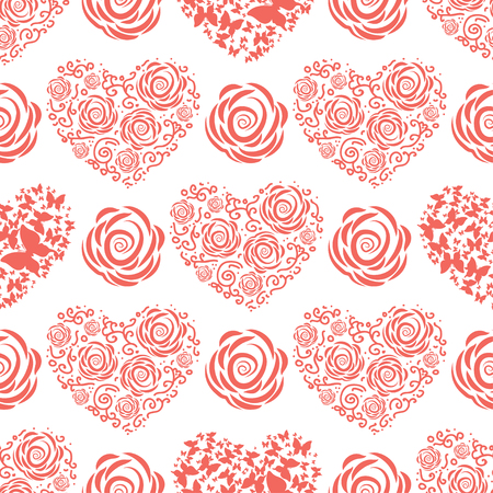 Seamless pattern with red different hearts and roses. Vector element for Valentine day, wedding, invitation for holidayのイラスト素材