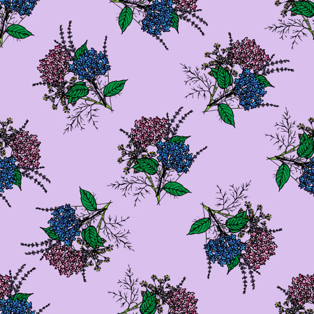 Seamless pattern with spring provence flowers - lavender, hydrangea . Floral design for Valentine Day, wedding, lovedのイラスト素材