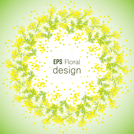 Invitation spring Flower background with wreath of Mimosa. Vintage design of card for international women day, eight March, wedding, lovedのイラスト素材