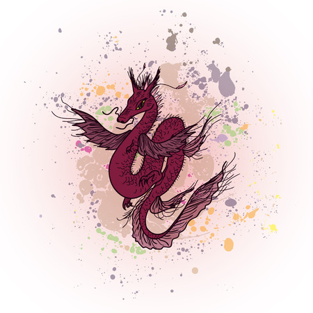 Magic fly dragon on abstract ink background. Chinese dragon background for t-shirt, design of textile, wallpaper, fantasy background for packagingのイラスト素材