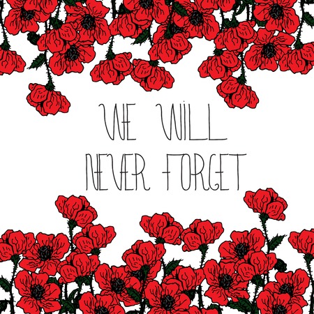 Design card for Memorial day with lettering and red poppies flowers. Text - Memorial Day. Frame for Memorial Day design.のイラスト素材