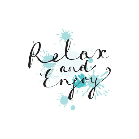 Hand drawn typography lettering phrase -Relax and enjoy- and doodle traveling elements on white background.Modern calligraphy for typography.Vector design for print, postcard, t-shirt, banner, stickerのイラスト素材