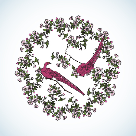 Japanese hand drawing wreath from sacura and little pink birds on white background. Traditional Japanese painting. Vector illustration for your design of print, packaging, covers, invitation cardのイラスト素材