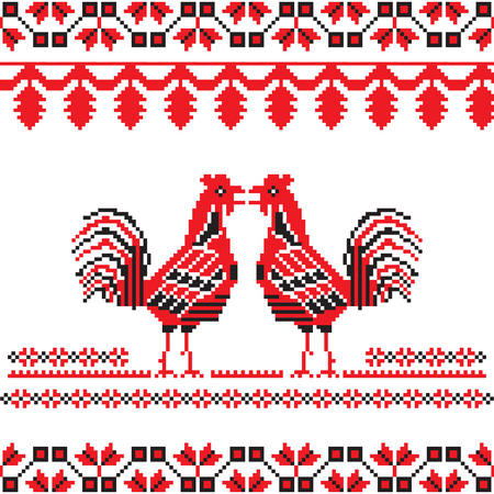 Slavic ornate with two red cocks. Beautiful Slavic background with 2017 Chinese New Year Symbols.のイラスト素材