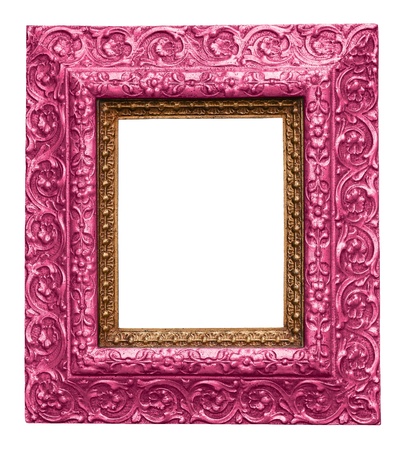 Pink Antique Carved Picture Frame Isolated On Whiteの写真素材