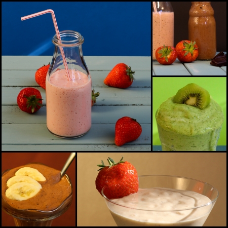 Strawberry spinach chocolate vanilla kiwi banana smoothie set collage collection black frameの写真素材