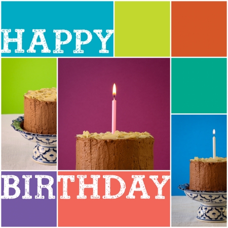 Set Collage Chocolate birthday party cake with almond flakes and burning candle on antique ceramic stand with blue pattern, purple background, white canvasの写真素材