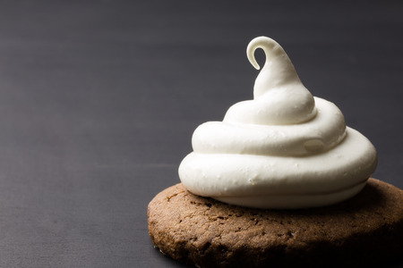 Hot chocolate cookies with marshmallow meringue on blackboard  backgroundの写真素材