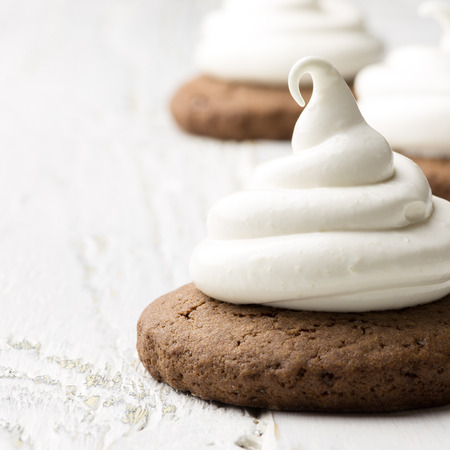Hot chocolate cookies with marshmallow meringue on white rustic backgroundの写真素材