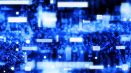 Abstract blue background with depth and blurred lights and flying digital elements in it, digital...