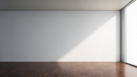 Minimalist Empty Studio Corner with Sunlight and Shadows from Windowの写真素材