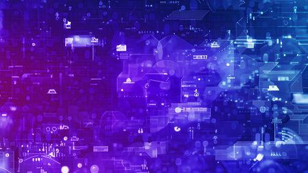 Multilayered Digital Circuit and Data Interface in Blue and Purpleの写真素材