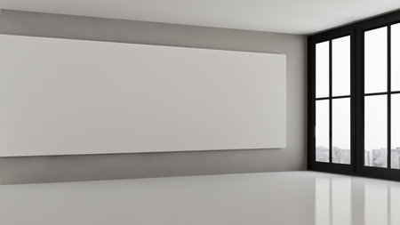 Loft Style Room with Large Window and Blank Canvas on Wallの写真素材