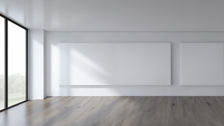 Bright Room with Large Window and Multiple Canvases on Wall Mock-upの写真素材