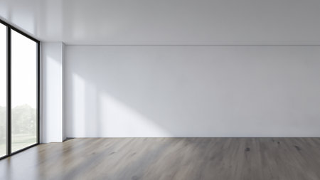 Bright Sunlit Room with Large Window and Wooden Floorの写真素材