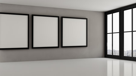 Loft Style Room with Large Window and Triple Framed Canvases Mock-upの写真素材