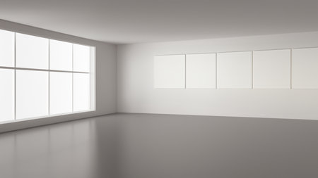 Modern Empty Room with Large Window and Blank Canvases on Wallの写真素材