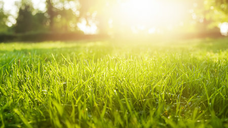 Morning Dew on Lush Green Grass with Sunlightの写真素材