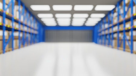 Blurred Industrial Warehouse Aisle with Blue Shelving and Boxes 3D Renderの写真素材