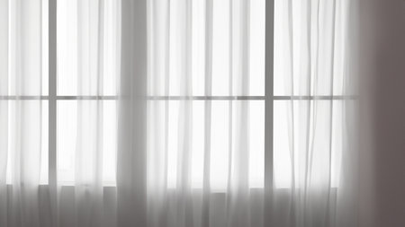 Soft White Sheer Curtains Illuminated by Natural Lightの写真素材