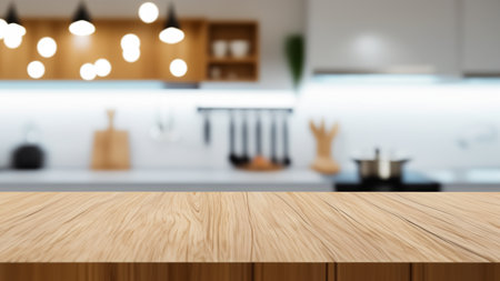 Wooden Tabletop with Blurred Kitchen and Hanging Lights Backgroundの写真素材