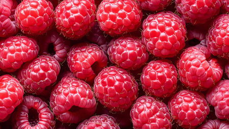Top View Macro Close-Up of Ripe Red Raspberries for Backgroundの写真素材
