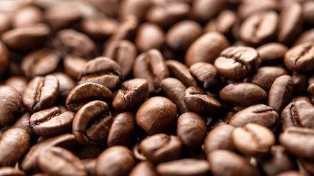 Close-Up of Roasted Coffee Beans with Shallow Depth of Field in Daylightの写真素材