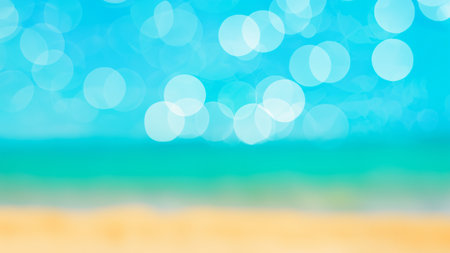 Abstract Bokeh Beach Scene Background with Calm Sea and Blue Sky, Travel Tropical Conceptの写真素材