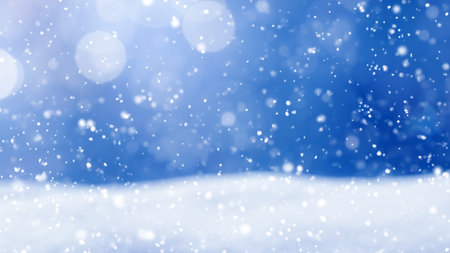 Winter Snowy Scene with Snowflakes and Blue Sky Bokeh and Depth of Fieldの写真素材