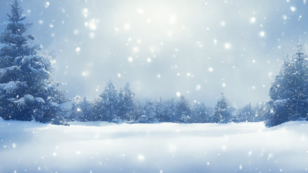 Magical Snowy Winter Landscape Background with Snow-Covered Trees and Falling Snowの写真素材