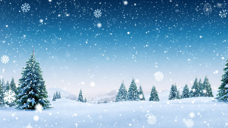 Winter fairytale landscape with snow covered fir trees and snowflakes. Merry Christmas and happy New Year greeting background with copyspaceの写真素材