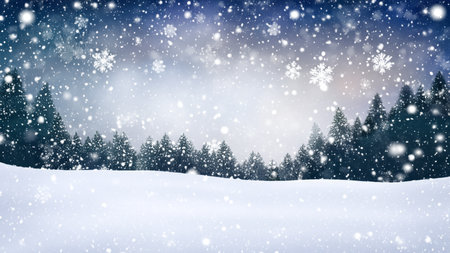 Winter Night Landscape with Snowfall and Dark Pine Trees Background with Copyspaceの写真素材