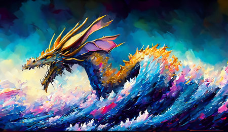 Majestic Sea Dragon Emerging from Turbulent Waves Fantasy Artの写真素材