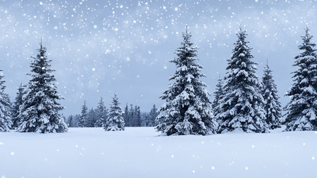 Snow-Covered Fir Trees in a Winter Wonderland Landscapeの写真素材