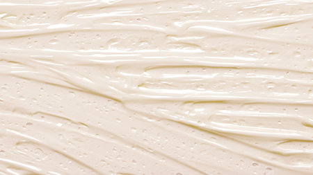 Glossy Beige Cream Texture with Smooth Streaks and Bubbles Smearの写真素材