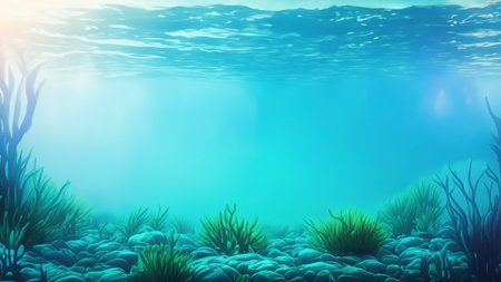 Serene Underwater Scene with Seaweed and Sunlight in Clear Blue Oceanの写真素材