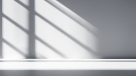Soft Window Diagonal Shadows on White Wall Empty Room Studio for Minimalist Product Displayの写真素材