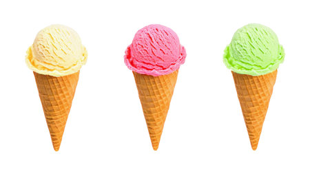 Vanilla, Strawberry, and Mint Ice Cream Cones Isolated on White Backgroundの写真素材