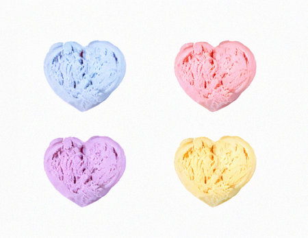 Colorful Heart-Shaped Ice Cream Scoops on White Backgroundの写真素材