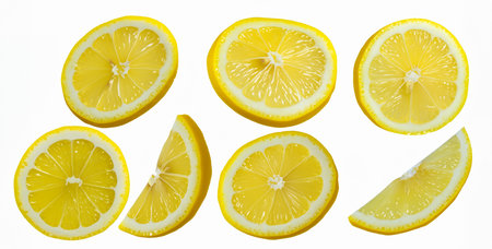 Fresh Lemon Slices Parts Set in Different Sizes on White Backgroundの写真素材