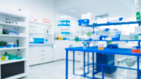 Blurred View of Organized Modern Pharmacy Laboratory Interiorの写真素材
