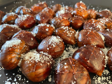 Unroasted Chestnuts with Salt Crystals on Top, Close-Up Macroの写真素材