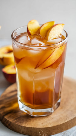 Refreshing Peach Iced Tea with Sliced Peachesの写真素材