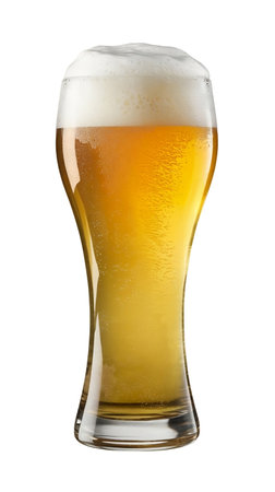 Golden Beer with Foam in a Pilsner Glass, Isolated on White Backgroundの写真素材